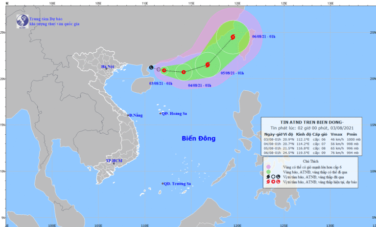 Tin tức thời tiết hôm nay, 03.8.2021: Áp thấp nhiệt đới trên biển Đông