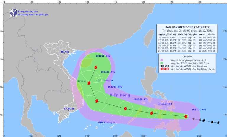 Tin tức thời tiết hôm nay 17.12.2021: Bão Rai giật cấp 17 đang hướng vào Biển Đông