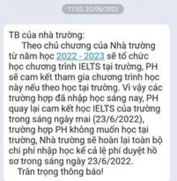 Trường Lương Thế Vinh cơ sở 1 Tân Triều ép học sinh học IELTS bất thành