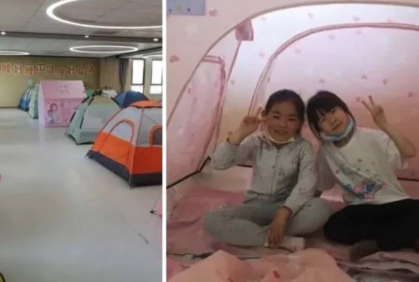 Học sinh tiểu học dựng lều ngủ trưa trong trường