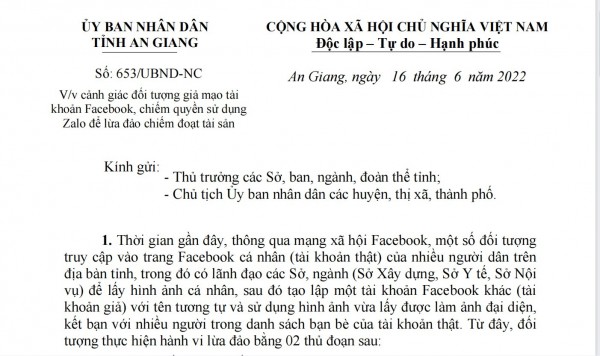 Lãnh đạo nhiều sở, ngành ở An Giang bị giả mạo Facebook, Zalo để lừa đảo