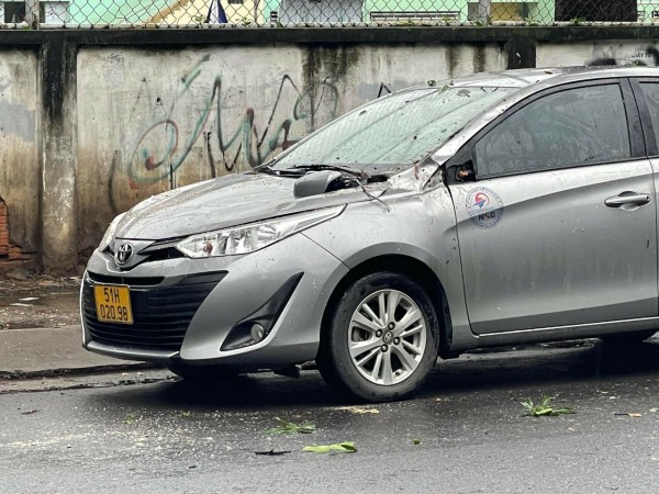 TP.HCM: Gió giật mạnh, nhánh cây xà cừ gãy, đè lên ô tô