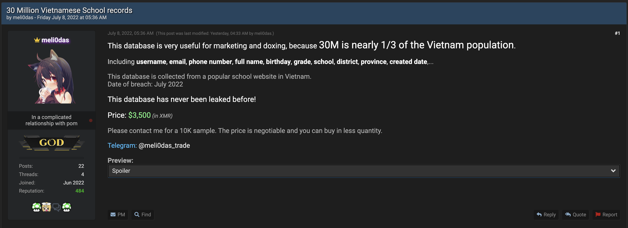Phản ứng của Bộ GD-ĐT về lời rao bán dữ liệu 30 triệu người dân Việt Nam Phản ứng của Bộ GD-ĐT về lời rao bán dữ liệu 30 triệu người dân Việt Nam