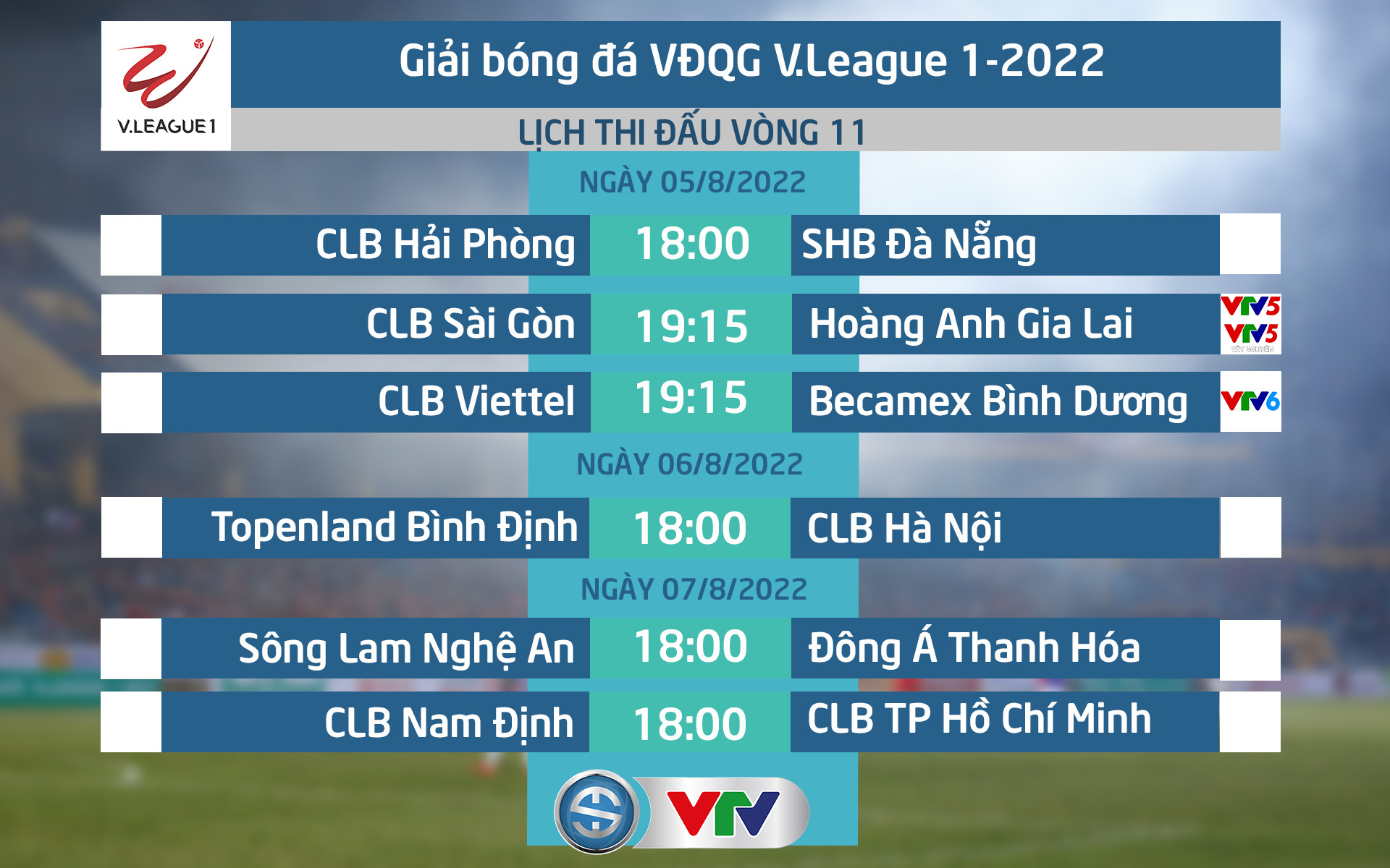 Lịch thi đấu V.League 2022 hôm nay (5/8): HAGL bám đuổi ngôi đầu Lịch thi đấu V.League 2022 hôm nay (5/8): HAGL bám đuổi ngôi đầu