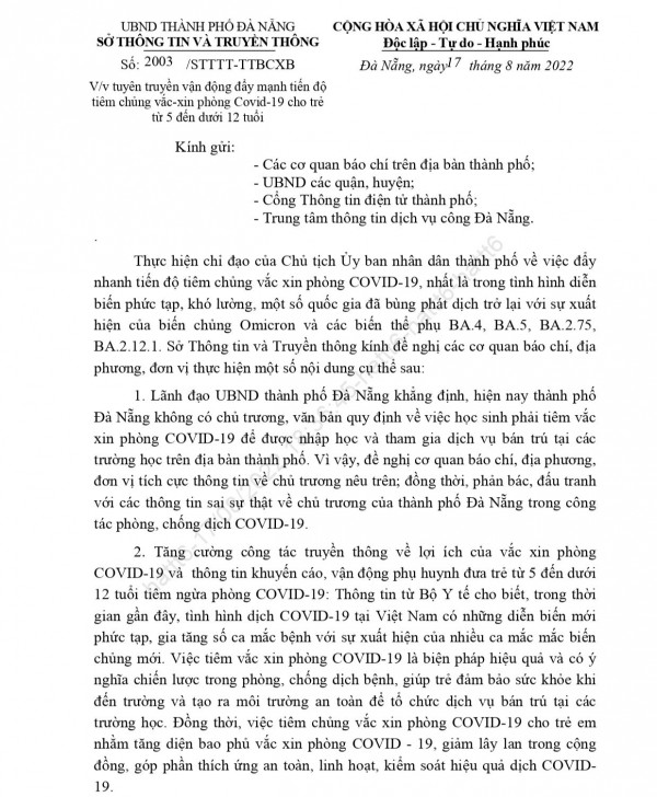 Đà Nẵng: Không có quy định bắt buộc học sinh tiêm vắc xin mới được đi học