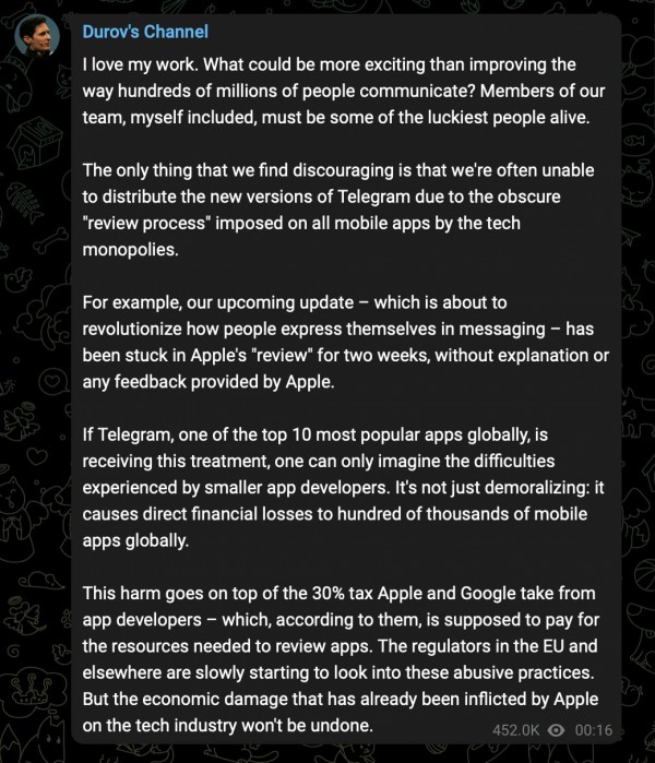 CEO Telegram phàn nàn vì Apple chậm duyệt bản cập nhập phần mềm