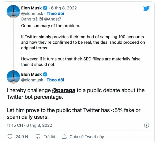Elon Musk sẽ mua Twitter nếu họ chịu công bố số lượng tài khoản ảo Elon Musk sẽ mua Twitter nếu họ chịu công bố số lượng tài khoản ảo