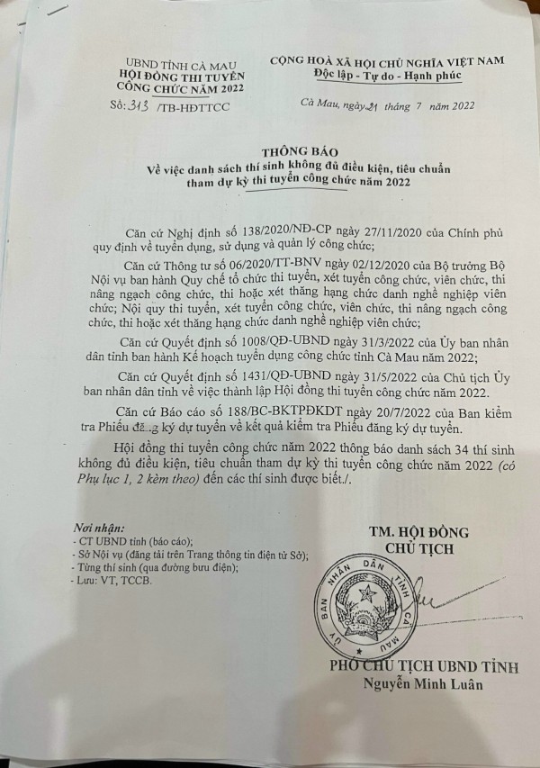 Thí sinh không đủ điều kiện dự thi công chức có tên trong danh sách bổ sung! Thí sinh không đủ điều kiện dự thi công chức có tên trong danh sách bổ sung!