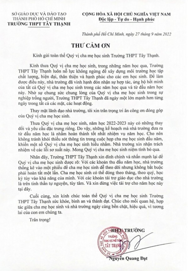 Phụ huynh thắc mắc khoản thu quỹ gần 1,3 tỉ đồng: Trường dừng nhận tài trợ!