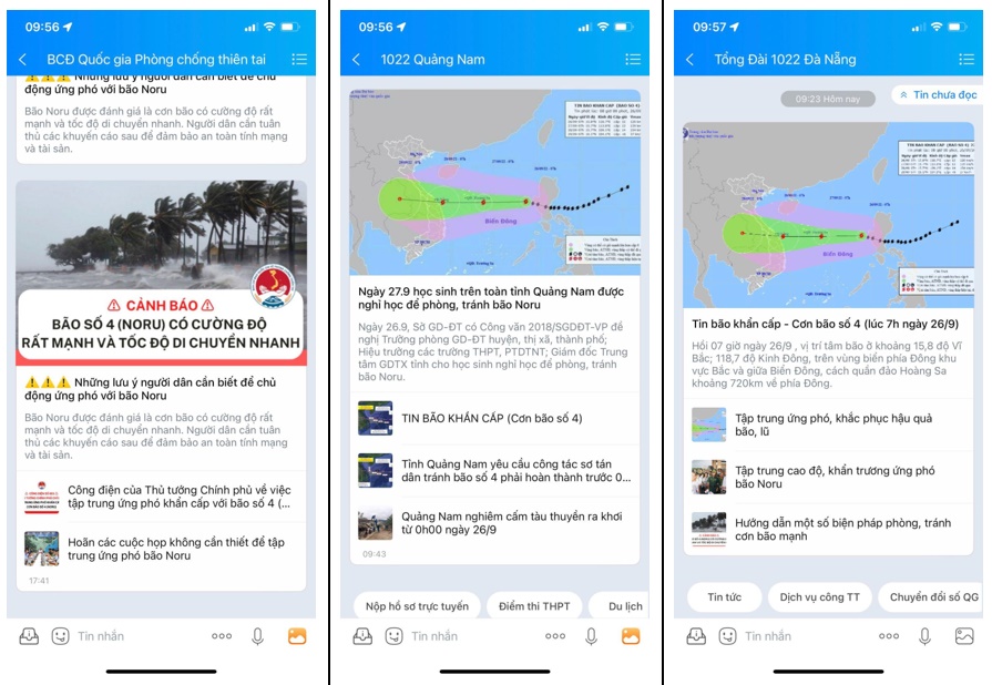 Cập nhật tin khẩn về bão Noru qua tài khoản Zalo chính thức của các tỉnh miền Trung