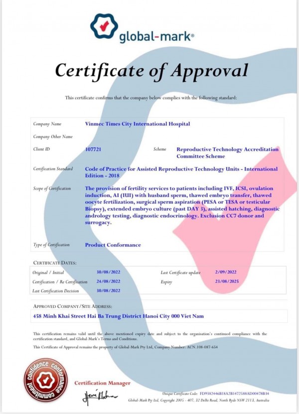 Trung tâm hỗ trợ sinh sản Vinmec nhận chứng chỉ chất lượng quốc tế uy tín RTAC