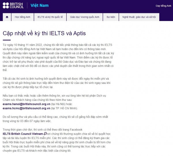 Hội đồng Anh đột ngột hoãn thi IELTS và nhiều chứng chỉ quốc tế khác