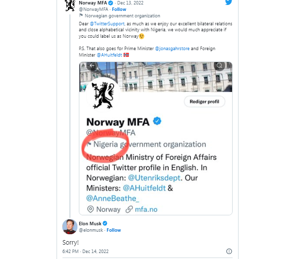 Hàng loạt lãnh đạo Na Uy bị liệt kê là quan chức Nigeria trên Twitter, Elon Musk xin lỗi