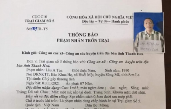Truy tìm phạm nhân trốn khỏi Trại giam số 5 ở Thanh Hóa Truy tìm phạm nhân trốn khỏi Trại giam số 5 ở Thanh Hóa