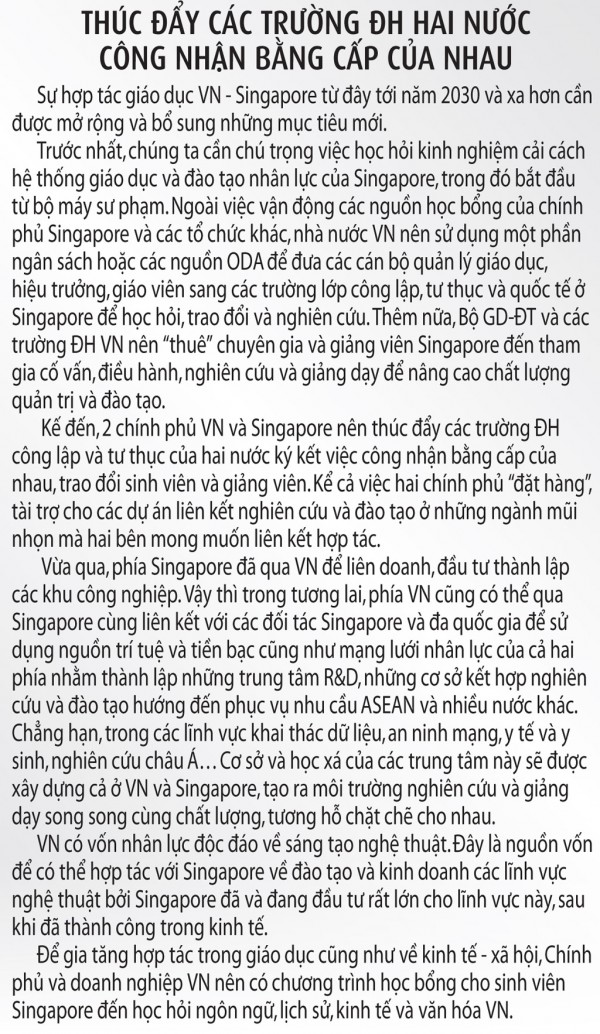 Còn nhiều dư địa để đẩy mạnh hợp tác giáo dục Việt Nam - Singapore