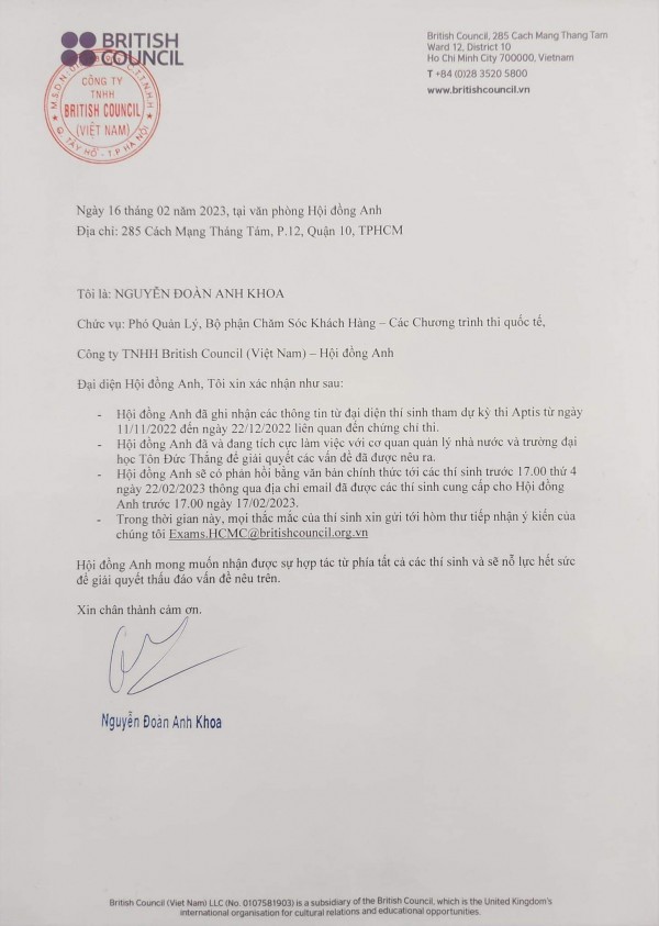 Hội đồng Anh chính thức lên tiếng sau vụ việc cấp sai chứng chỉ Aptis Hội đồng Anh chính thức lên tiếng sau vụ việc cấp sai chứng chỉ Aptis