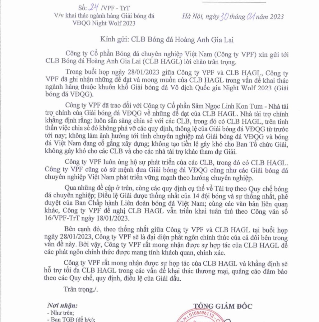 Mâu thuẫn giữa VPF và Hoàng Anh Gia Lai đã được giải quyết