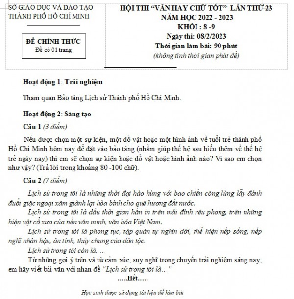 Nếu được chọn một đồ vật đặt vào Bảo tàng Lịch sử, học sinh chọn gì?