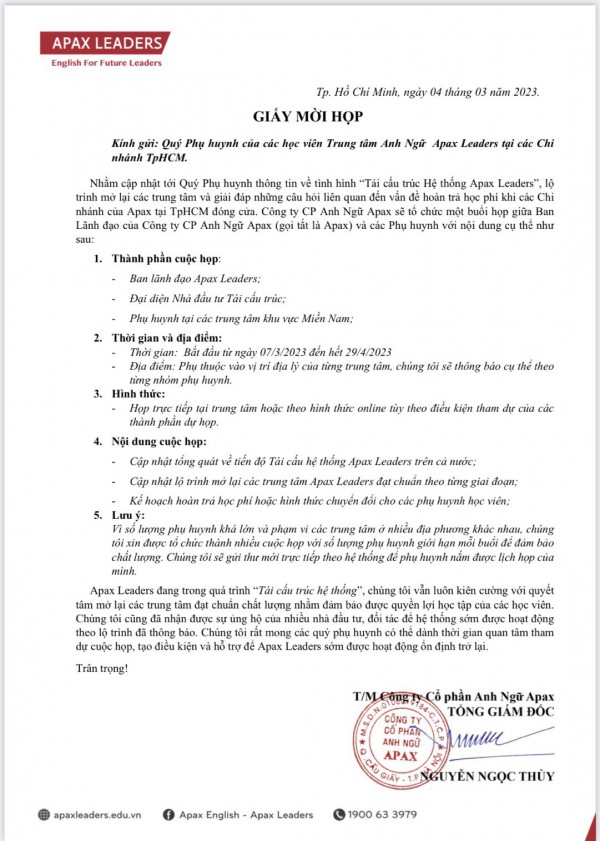 Shark Thủy mời họp từ 7.3, phụ huynh Apax Leaders quan ngại Shark Thủy mời họp từ 7.3, phụ huynh Apax Leaders quan ngại
