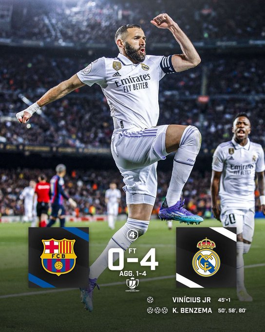 Bán kết lượt về cúp Nhà Vua Tây Ban Nha: Benzema chói sáng, Real Madrid thắng đậm Barcelona