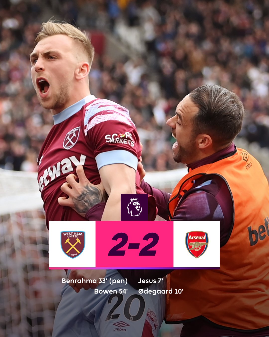 Vòng 31 Ngoại hạng Anh: West Ham ngược dòng ngoạn mục trước Arsenal