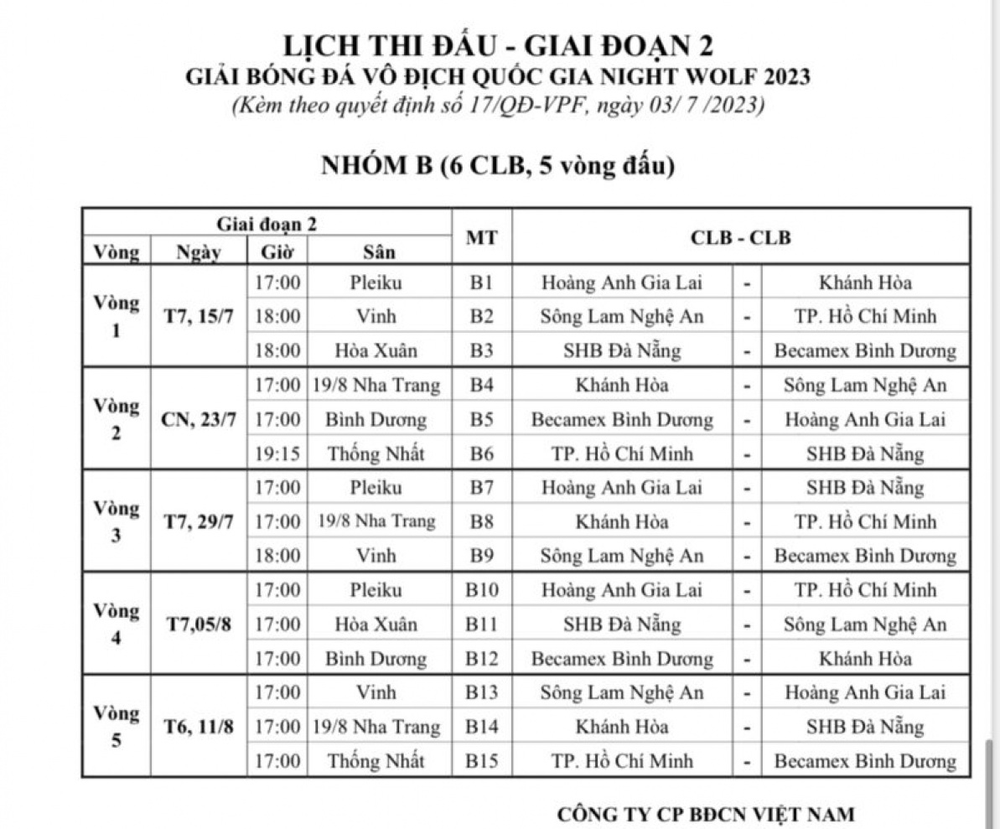 Công bố lịch thi đấu giai đoạn 2 V.League 2023