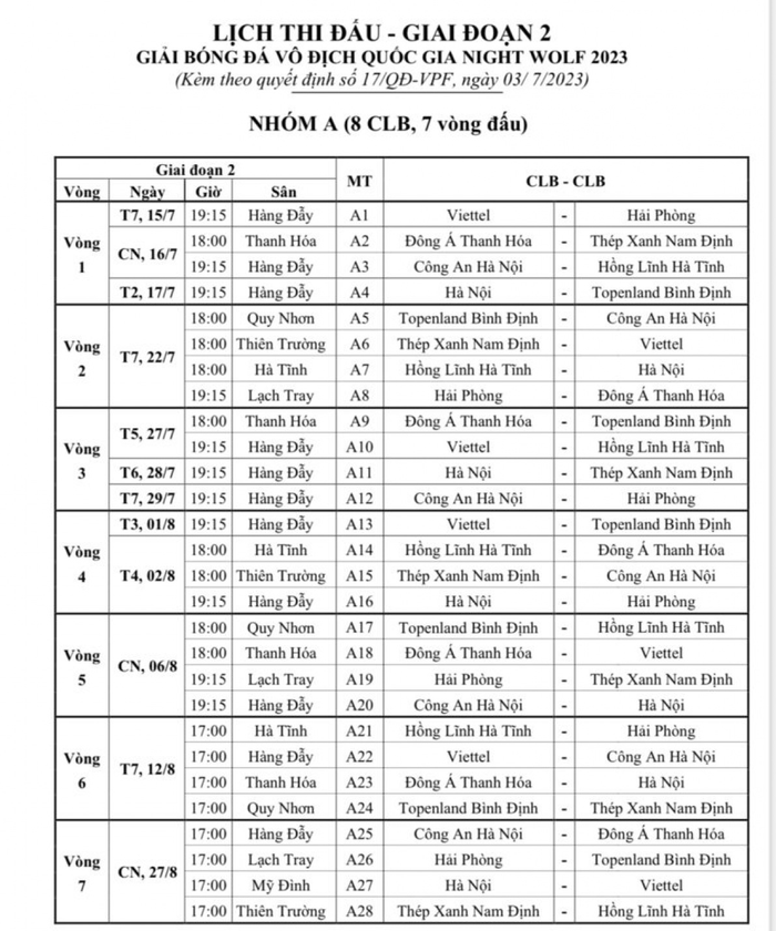 Công bố lịch thi đấu giai đoạn 2 V.League 2023