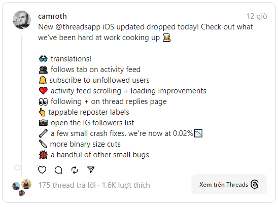 Threads phát hành bản cập nhật lớn đầu tiên, bổ sung nhiều tính năng còn thiếu