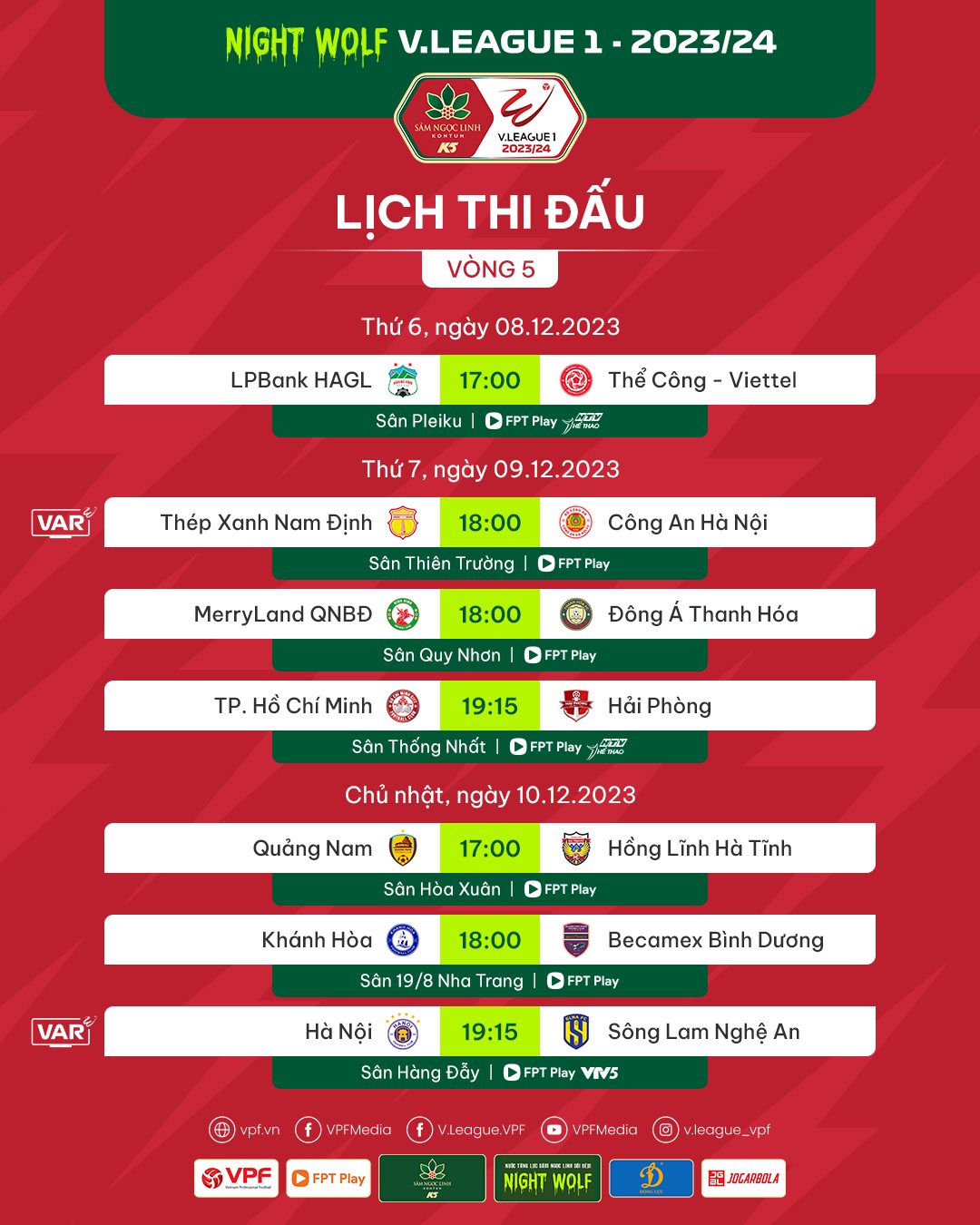 Trước vòng 5 Night Wolf V.League 1-2023/24: "Đại chiến" tại Thiên Trường