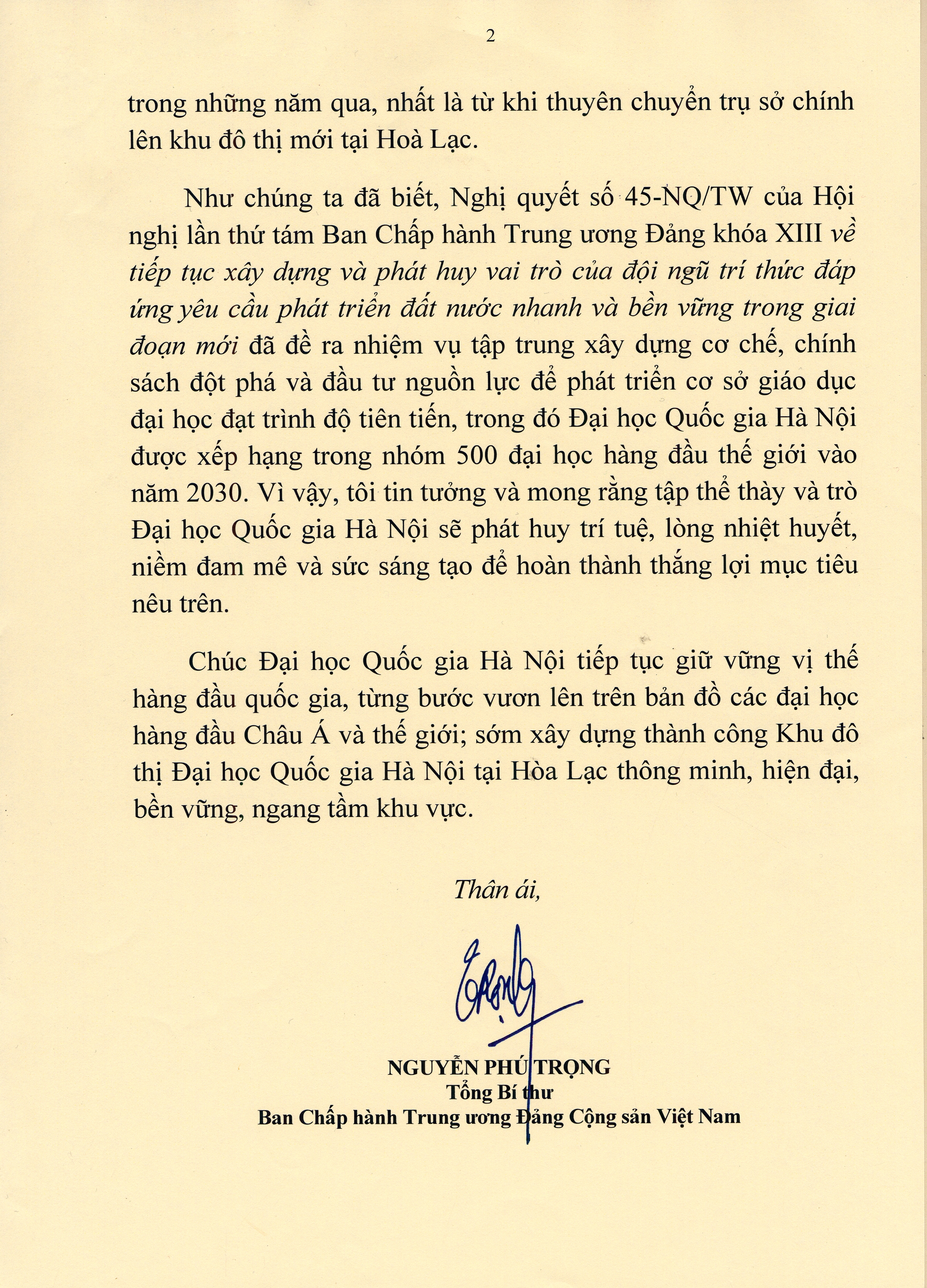 Tổng Bí thư Nguyễn Phú Trọng gửi thư chúc mừng ĐH Quốc gia Hà Nội - Ảnh 2. Tổng Bí thư Nguyễn Phú Trọng gửi thư chúc mừng ĐH Quốc gia Hà Nội - Ảnh 2.
