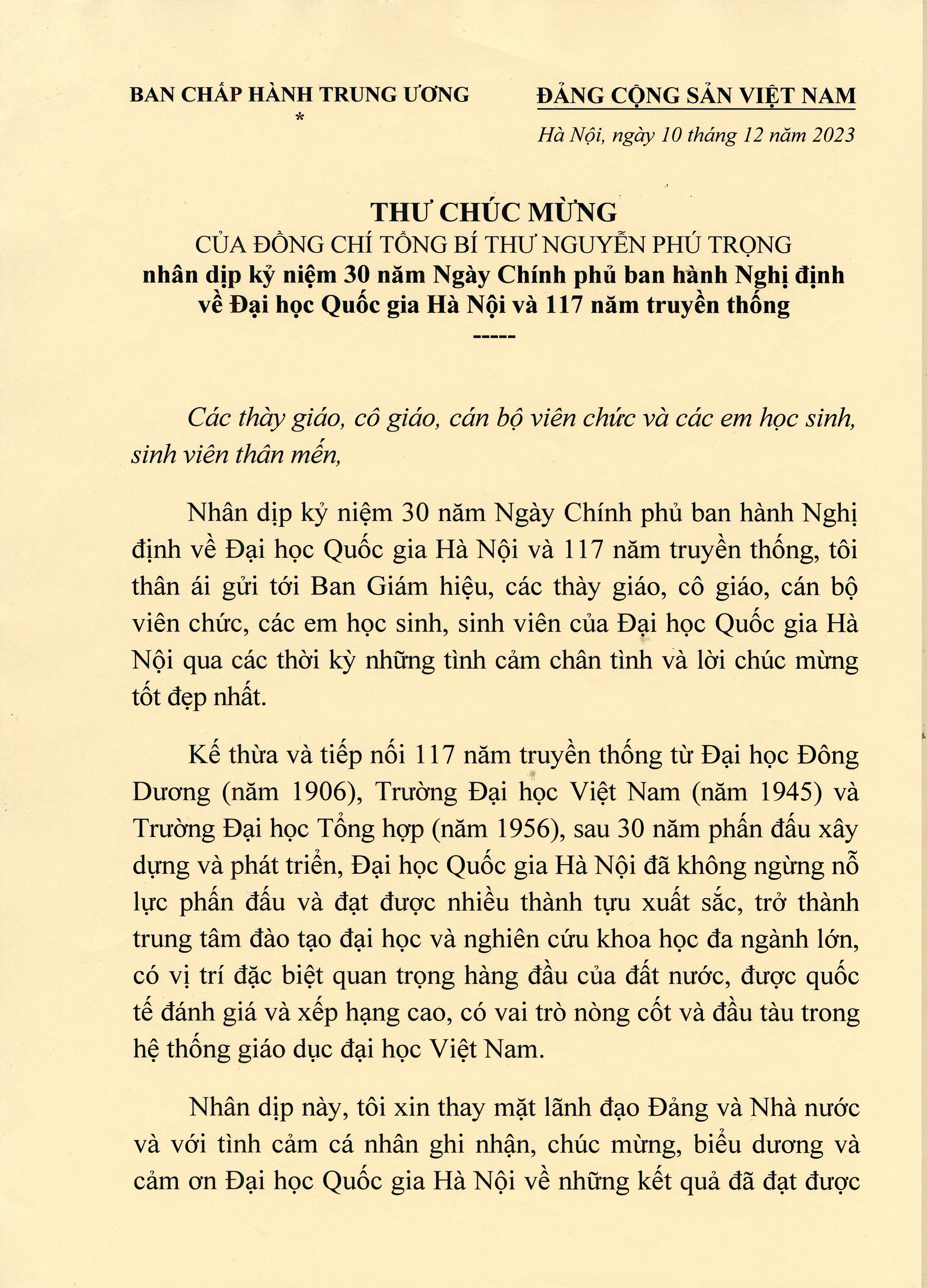Tổng Bí thư Nguyễn Phú Trọng gửi thư chúc mừng ĐH Quốc gia Hà Nội - Ảnh 1. Tổng Bí thư Nguyễn Phú Trọng gửi thư chúc mừng ĐH Quốc gia Hà Nội - Ảnh 1.