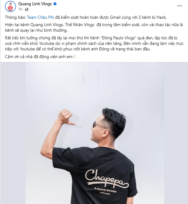 Kênh YouTube của Quang Linh Vlogs bị tấn công nhưng đã giành lại quyền kiểm soát