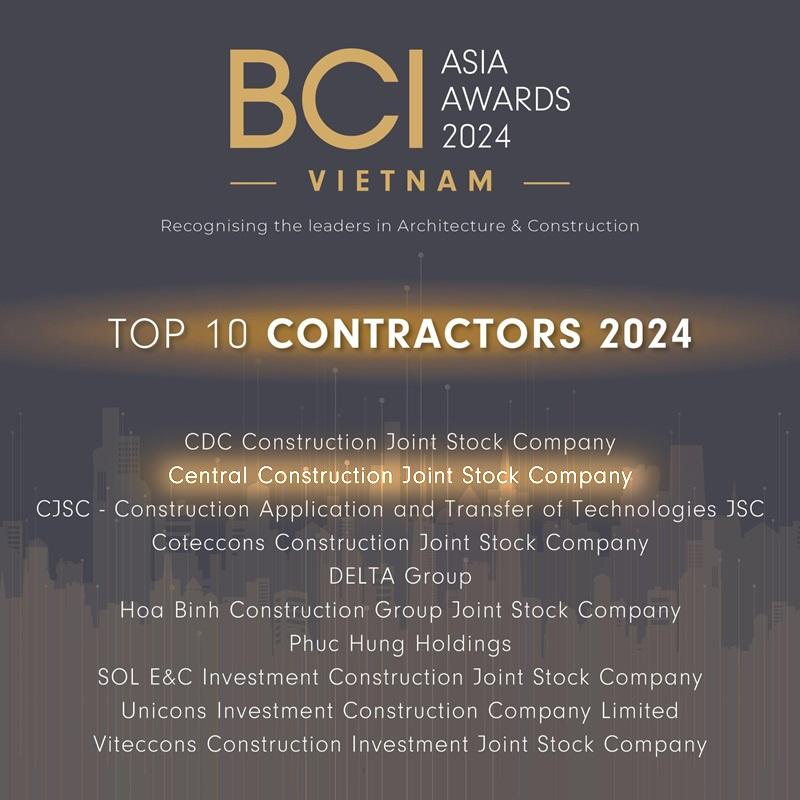 Công ty CP Xây dựng Central lọt Top 10 Nhà thầu xây dựng hàng đầu Việt Nam năm 2024
