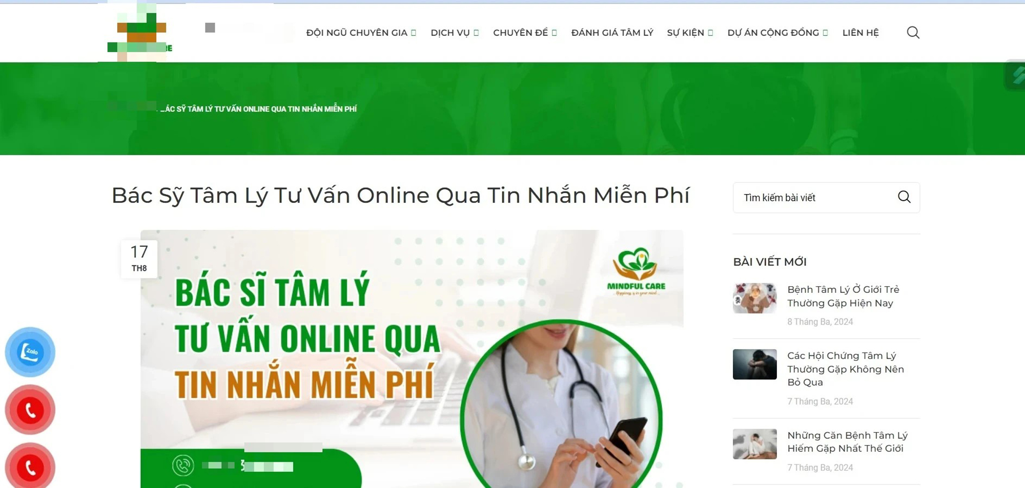 Một trung tâm đăng bài quảng cáo trên website có “bác sĩ tâm lý” tham vấn miễn phí