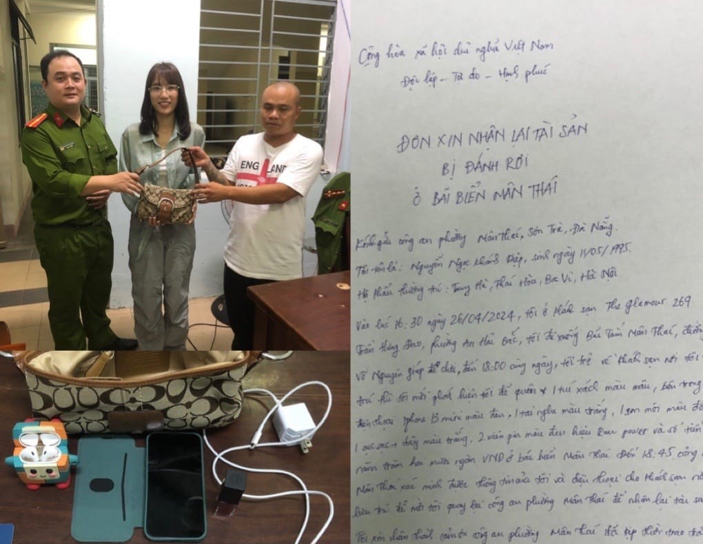 Nữ du khách nhận lại tài sản và cảm ơn anh Nguyễn Xuân Sỹ cùng Công an P.Mân Thái