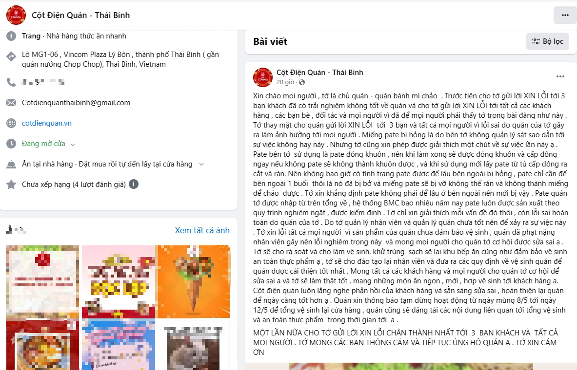 Hãi hùng tiệm bánh mỳ patê có dòi ở Thái Bình- Ảnh 2. Bài viết xin lỗi của chủ quán trên Fanpage