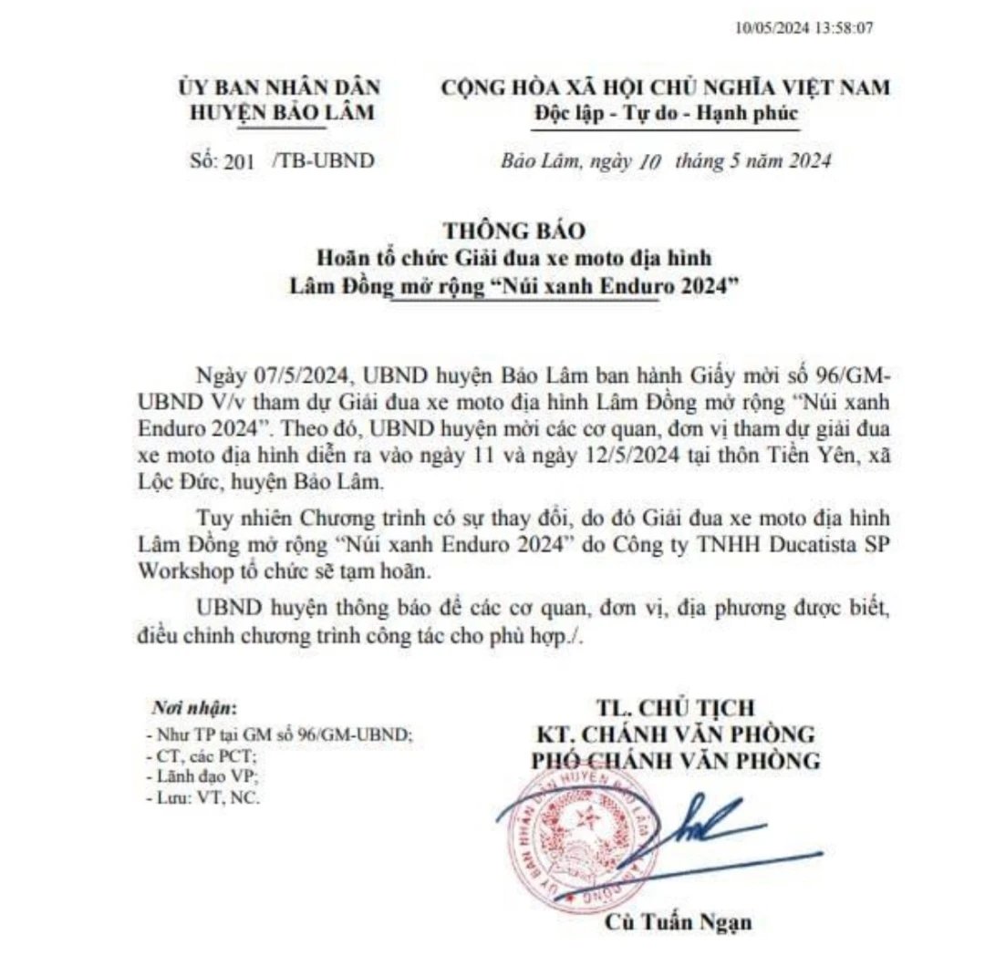 Vì sao giải đua xe mô tô địa hình ‘Núi Xanh Enduro 2024’ đột ngột bị hoãn? Vì sao giải đua xe mô tô địa hình ‘Núi Xanh Enduro 2024’ đột ngột bị hoãn?