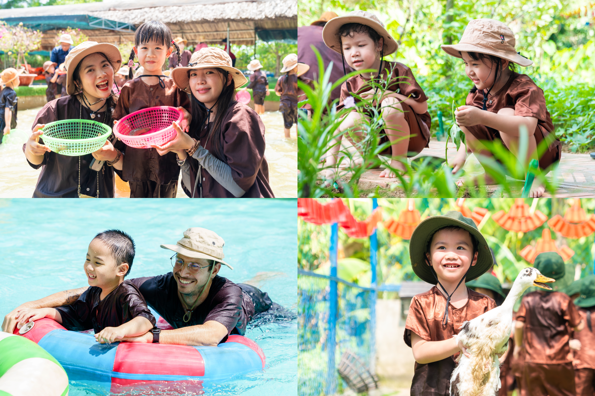 Bắt vịt, trồng khoai lang, tắm mưa, đi cầu khỉ,... những hoạt động gắn liền với ký ức tuổi thơ của ba mẹ cũng được các con yêu thích