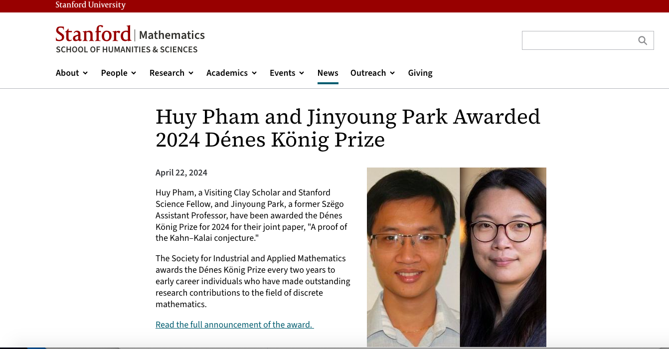 Viện Toán học, ĐH Stanford, Mỹ đưa tin về TS Phạm Tuấn Huy và TS Jinyoung Park được trao giải thưởng Dénes König 2024