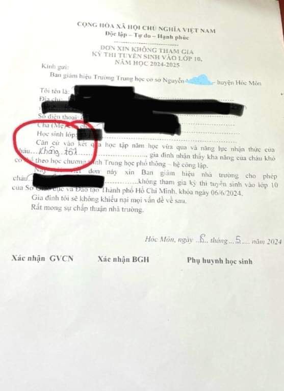 Đơn xin không tham gia thi tuyển sinh lớp 10 được phát ra từ Trường THCS Nguyễn Văn Bứa (huyện Hóc Môn, TP.HCM)