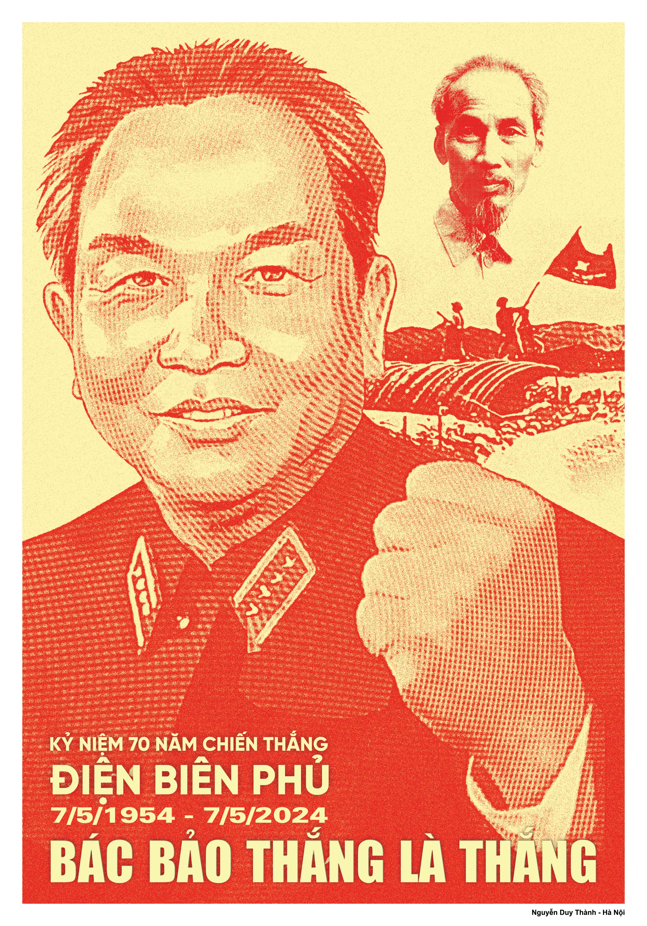 Hình ảnh Bác Hồ và Đại tướng Võ Nguyên Giáp trên tranh cổ động về 70 năm chiến thắng Điện Biên Phủ
