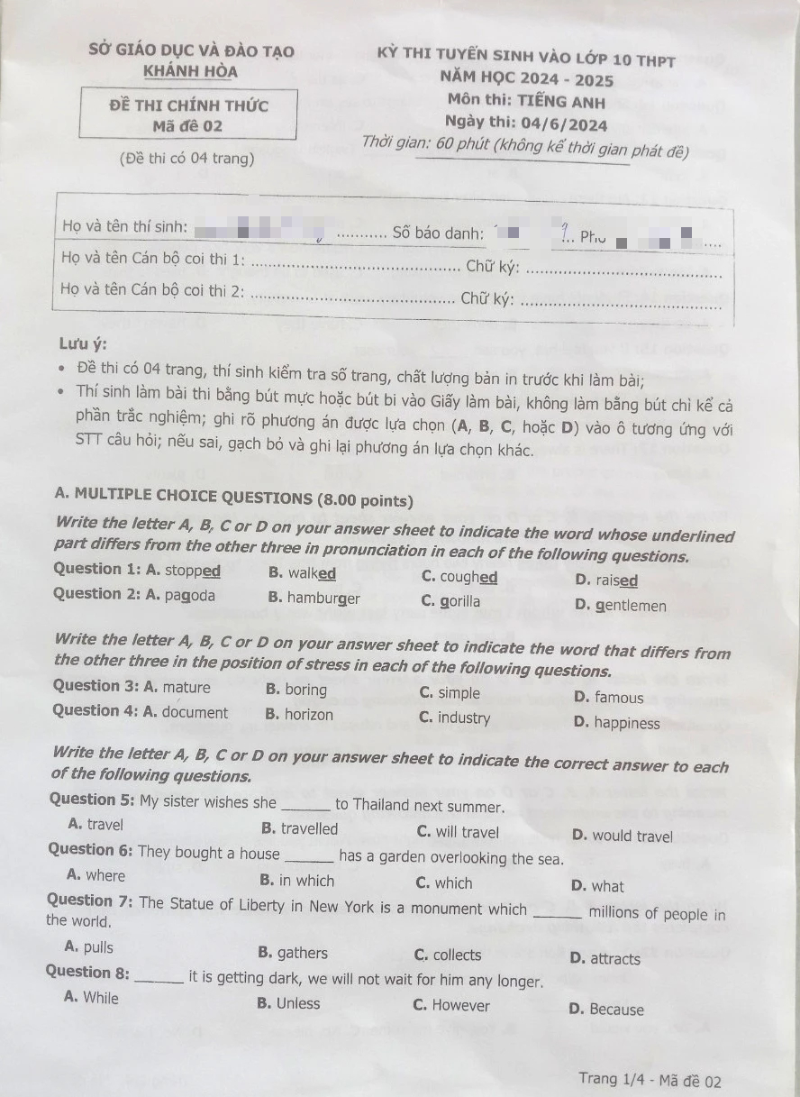 Gợi ý giải đề thi môn tiếng Anh tuyển sinh lớp 10 tỉnh Khánh Hòa- Ảnh 5.