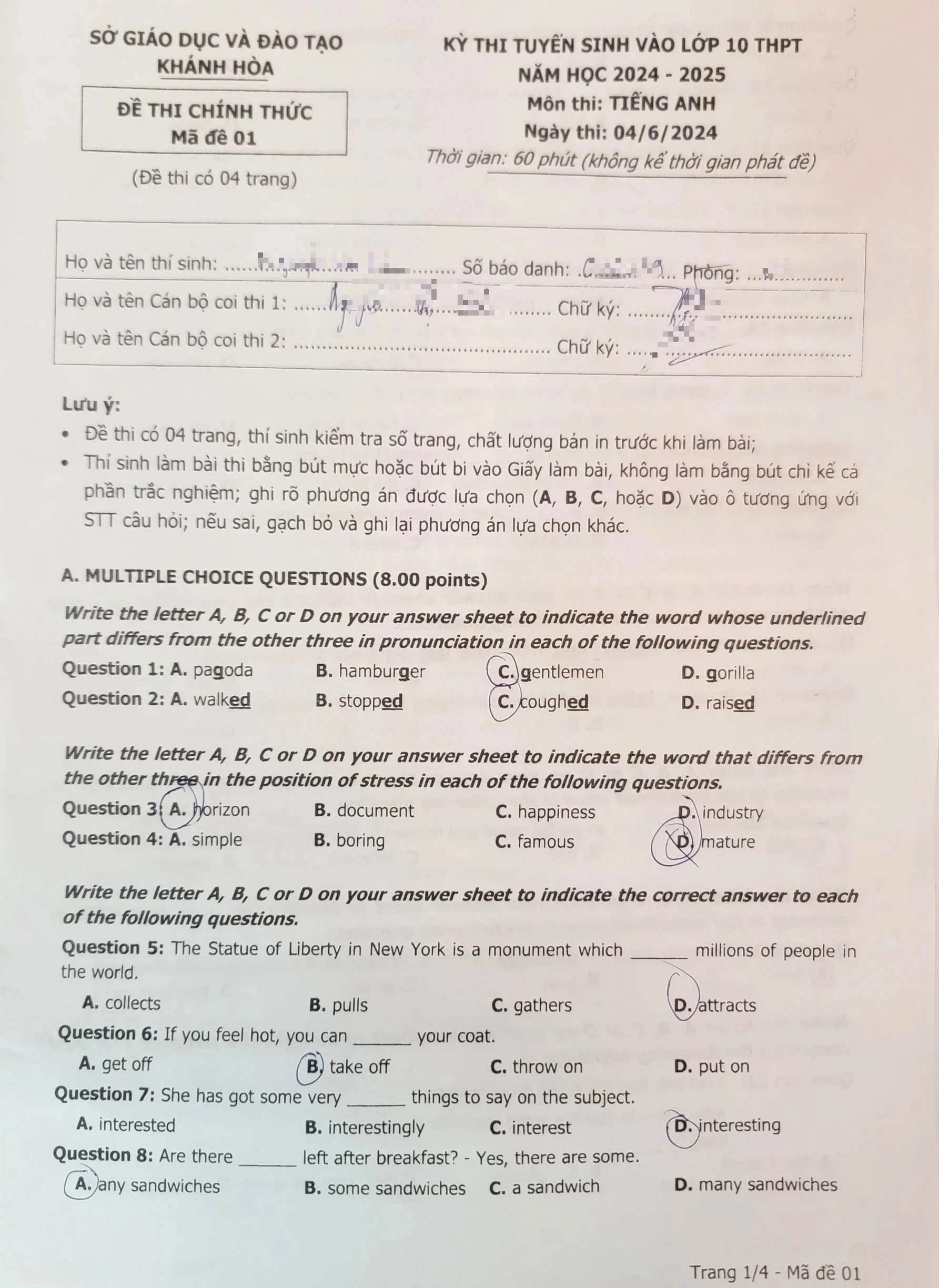Gợi ý giải đề thi môn tiếng Anh tuyển sinh lớp 10 tỉnh Khánh Hòa- Ảnh 1.