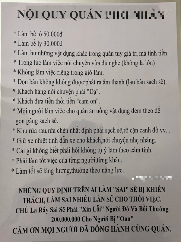 Sự thật bảng nội quy chủ quán phở đền 200 triệu đồng nếu trách oan nhân viên