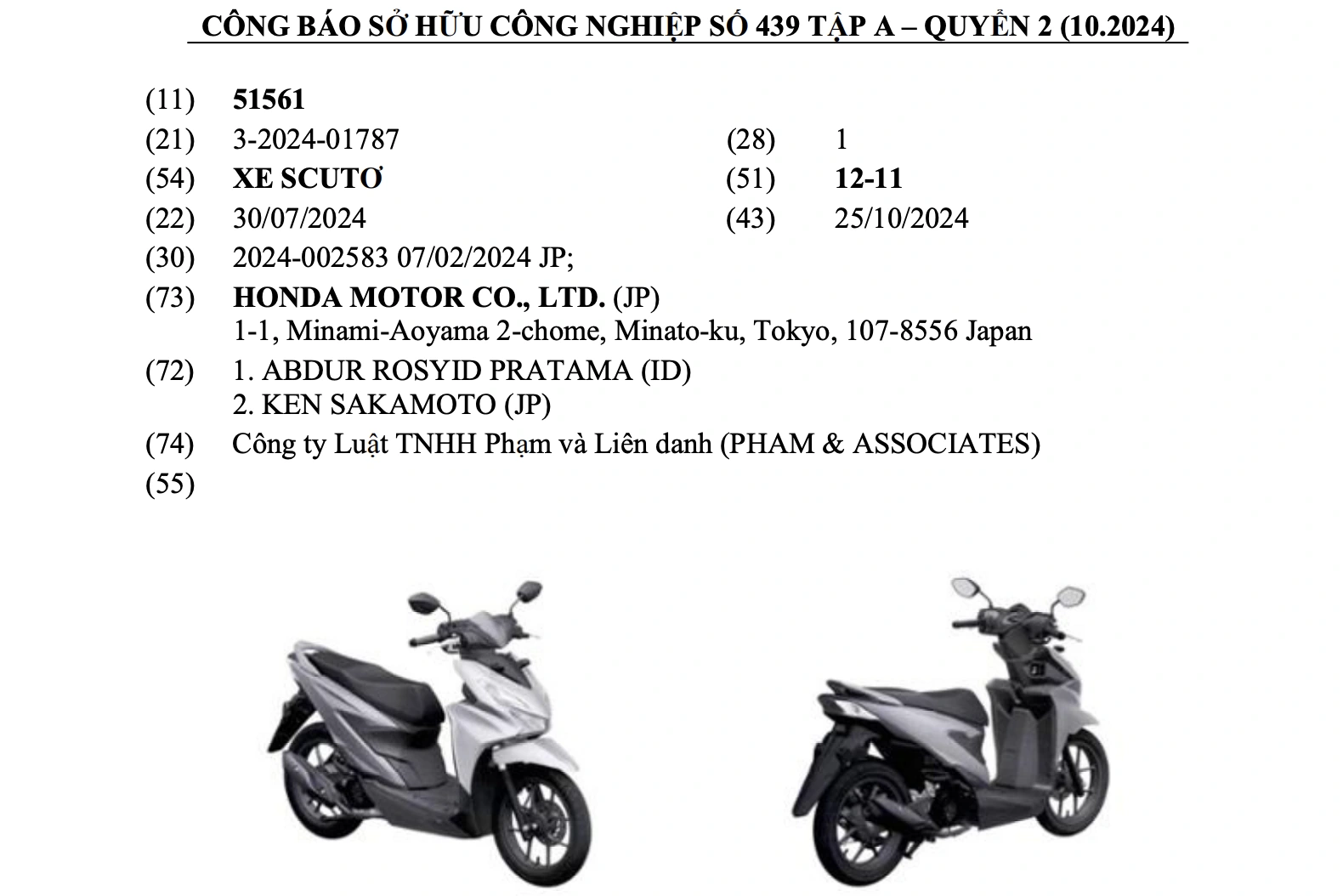 Xe tay ga Honda BeAT đăng ký bản quyền kiểu dáng tại Việt Nam