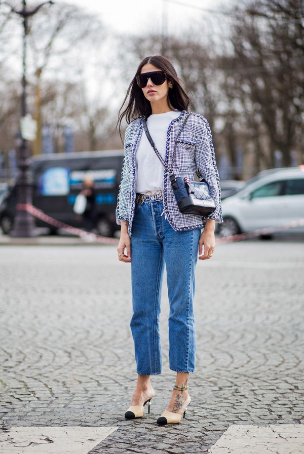 Phối quần jeans và áo vải tweed chuẩn xu hướng mùa lạnh Phối quần jeans và áo vải tweed chuẩn xu hướng mùa lạnh