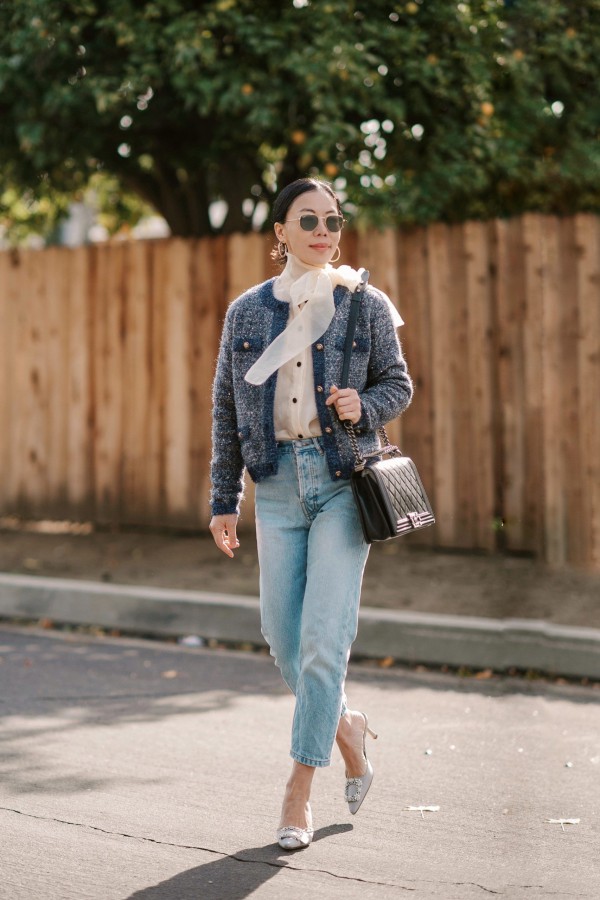 Phối quần jeans và áo vải tweed chuẩn xu hướng mùa lạnh Phối quần jeans và áo vải tweed chuẩn xu hướng mùa lạnh