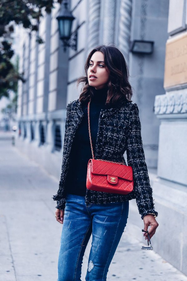 Phối quần jeans và áo vải tweed chuẩn xu hướng mùa lạnh Phối quần jeans và áo vải tweed chuẩn xu hướng mùa lạnh