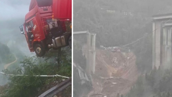 Sập cầu tại Trung Quốc, xe container nằm vắt vẻo ngay mép cầu Sập cầu tại Trung Quốc, xe container nằm vắt vẻo ngay mép cầu