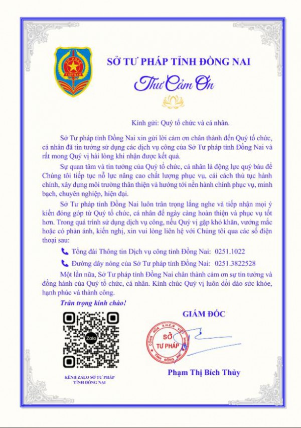 Giám đốc Sở Tư pháp Đồng Nai gửi thư cảm ơn người dân, doanh nghiệp Giám đốc Sở Tư pháp Đồng Nai gửi thư cảm ơn người dân, doanh nghiệp